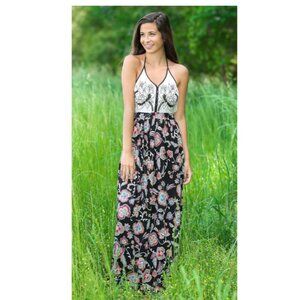 Patrons of Peace Floral‎ Halter Maxi Dress, Sz XS, Rayon Beaded Embroidered Boho